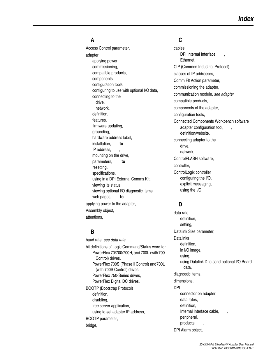 Index | Rockwell Automation 20-COMM-E PowerFlex EtherNet/IP Adapter User Manual | Page 289 / 296