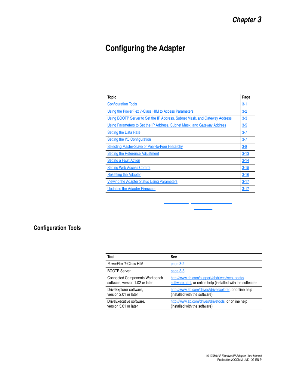 Chapter 3, Configuring the adapter, Configuration tools | Configuration tools -1, 3configuring the adapter, Chapter | Rockwell Automation 20-COMM-E PowerFlex EtherNet/IP Adapter User Manual | Page 29 / 296