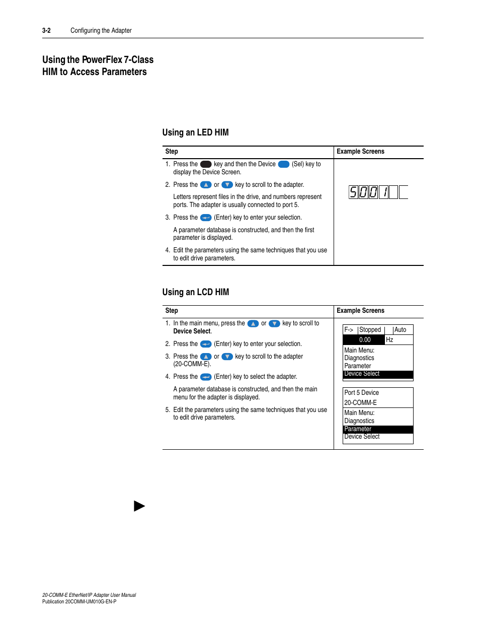 Using an led him, Using an lcd him | Rockwell Automation 20-COMM-E PowerFlex EtherNet/IP Adapter User Manual | Page 30 / 296