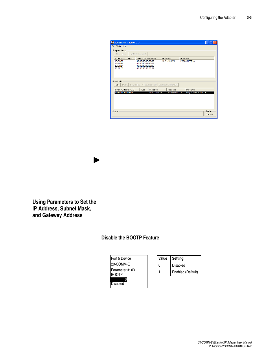 Disable the bootp feature, Parameters. see, Using parameters to set the ip address | For detai, R details, see, Using | Rockwell Automation 20-COMM-E PowerFlex EtherNet/IP Adapter User Manual | Page 33 / 296