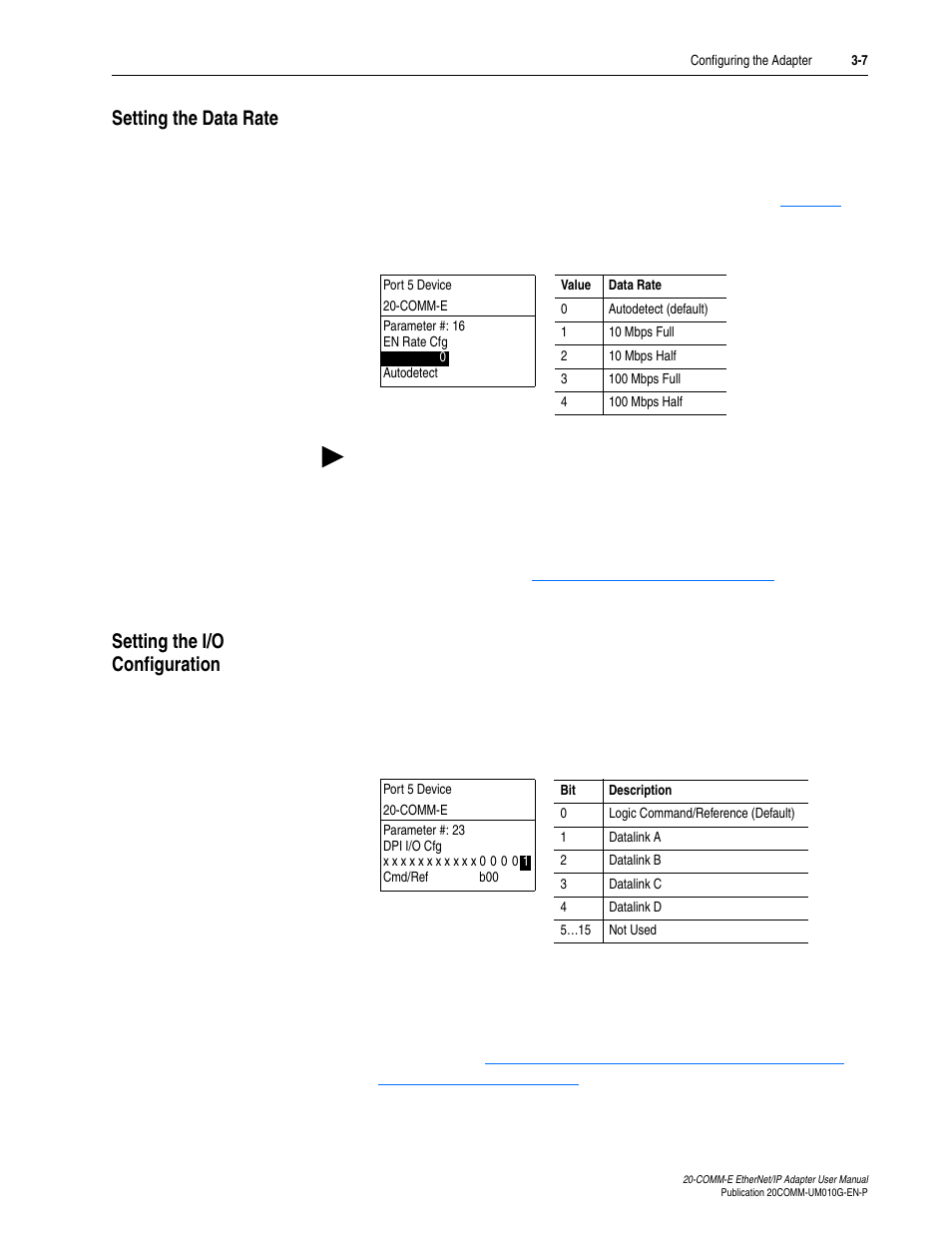 Setting the data rate, Setting the i/o configuration | Rockwell Automation 20-COMM-E PowerFlex EtherNet/IP Adapter User Manual | Page 35 / 296