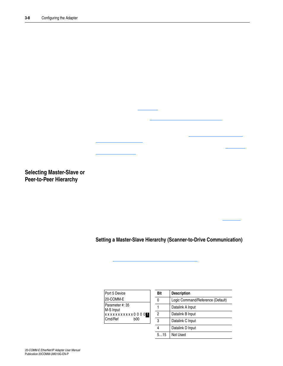 Selecting master-slave or peer-to-peer hierarchy, Setting a master-slave hierarchy (scanner-to-drive | Rockwell Automation 20-COMM-E PowerFlex EtherNet/IP Adapter User Manual | Page 36 / 296