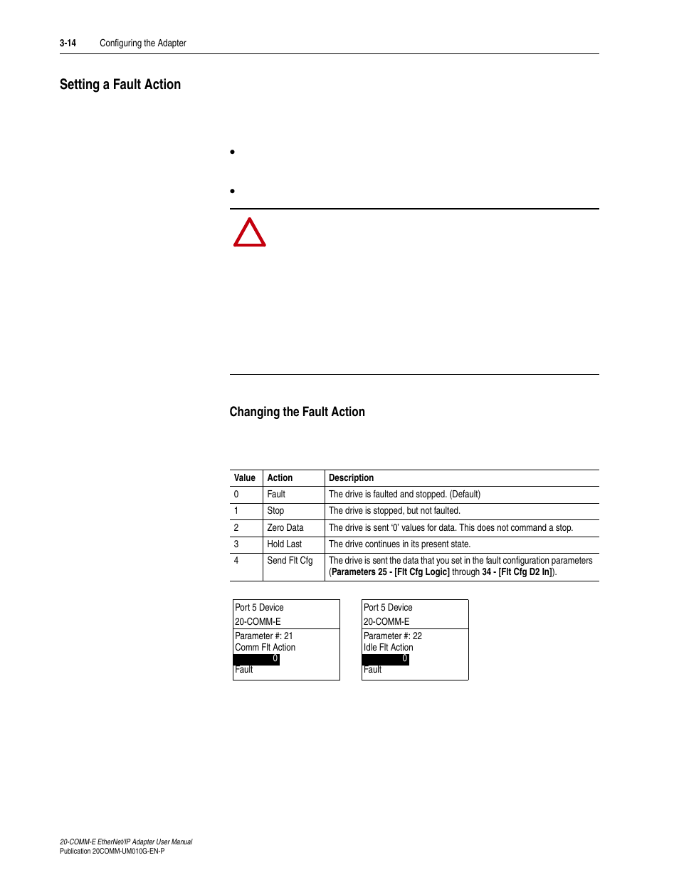 Setting a fault action, Changing the fault action, Setting a fault action -14 | Rockwell Automation 20-COMM-E PowerFlex EtherNet/IP Adapter User Manual | Page 42 / 296