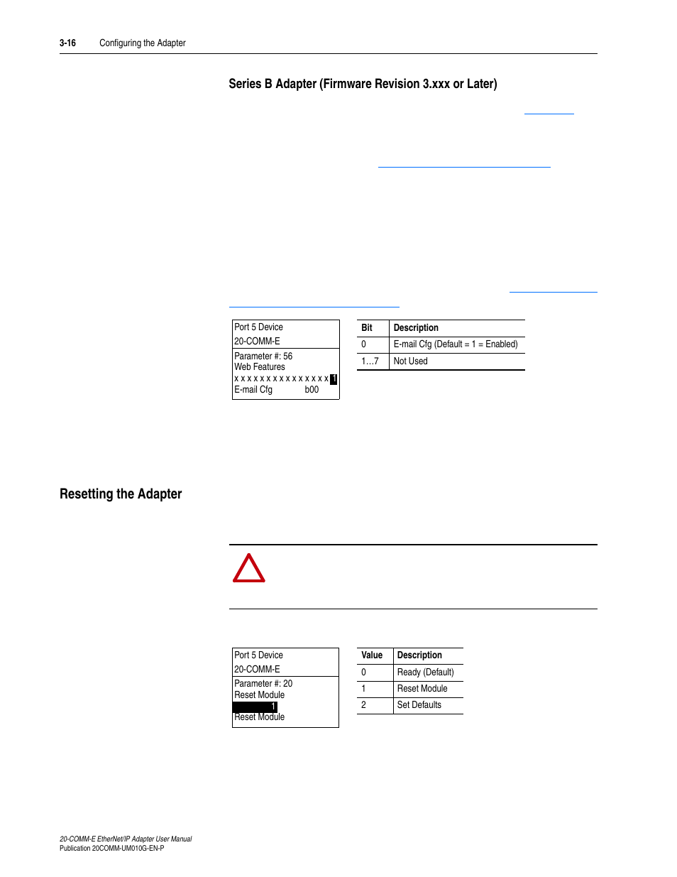 Resetting the adapter, Resetting the adapter -16 | Rockwell Automation 20-COMM-E PowerFlex EtherNet/IP Adapter User Manual | Page 44 / 296