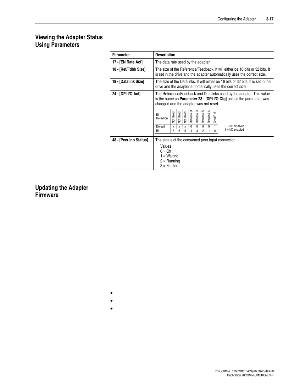 Viewing the adapter status using parameters, Updating the adapter firmware | Rockwell Automation 20-COMM-E PowerFlex EtherNet/IP Adapter User Manual | Page 45 / 296