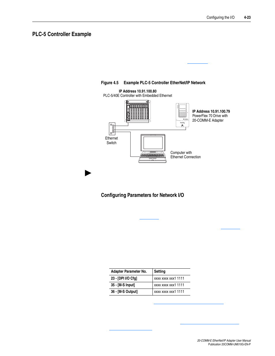 Plc-5 controller example, Configuring parameters for network i/o, Plc-5 controller example -23 | Rockwell Automation 20-COMM-E PowerFlex EtherNet/IP Adapter User Manual | Page 69 / 296