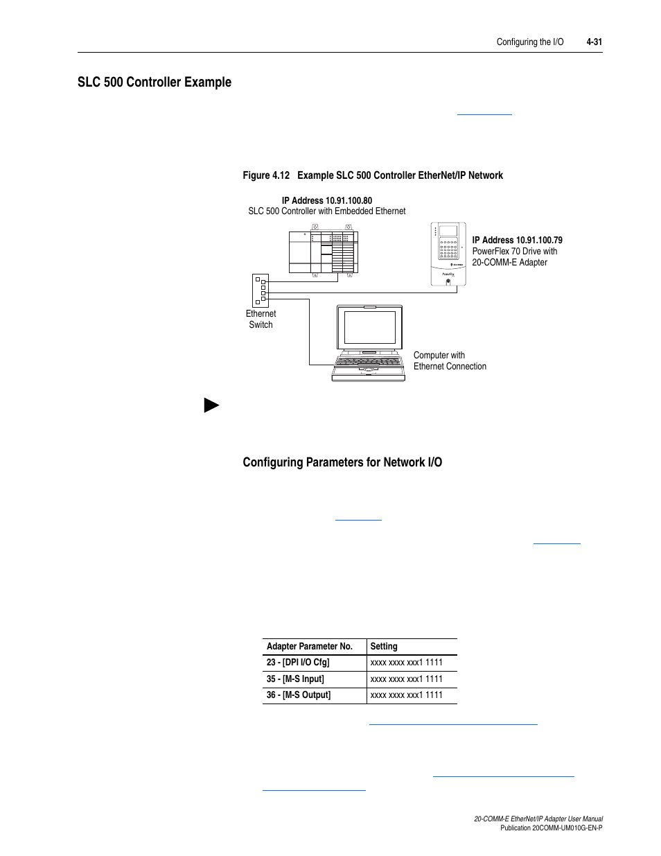 Slc 500 controller example, Configuring parameters for network i/o, Slc 500 controller example -31 | Rockwell Automation 20-COMM-E PowerFlex EtherNet/IP Adapter User Manual | Page 77 / 296