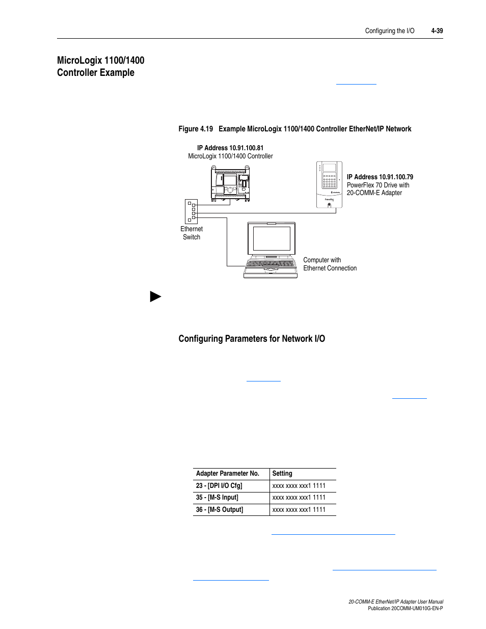Micrologix 1100/1400 controller example, Configuring parameters for network i/o, Micrologix 1100/1400 controller example -39 | Rockwell Automation 20-COMM-E PowerFlex EtherNet/IP Adapter User Manual | Page 85 / 296