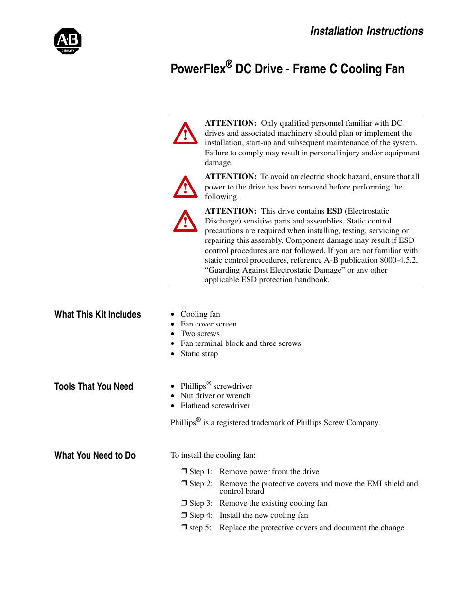 Rockwell Automation 20P PowerFlex DC Drive - Frame C Cooling Fan User Manual | 10 pages