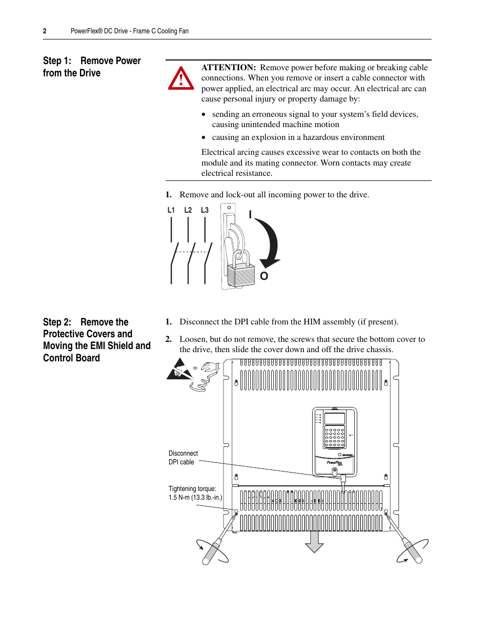 Step 1: remove power from the drive | Rockwell Automation 20P PowerFlex DC Drive - Frame C Cooling Fan User Manual | Page 2 / 10