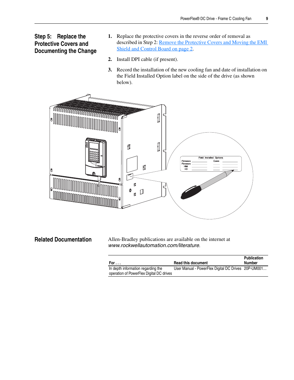 Related documentation | Rockwell Automation 20P PowerFlex DC Drive - Frame C Cooling Fan User Manual | Page 9 / 10