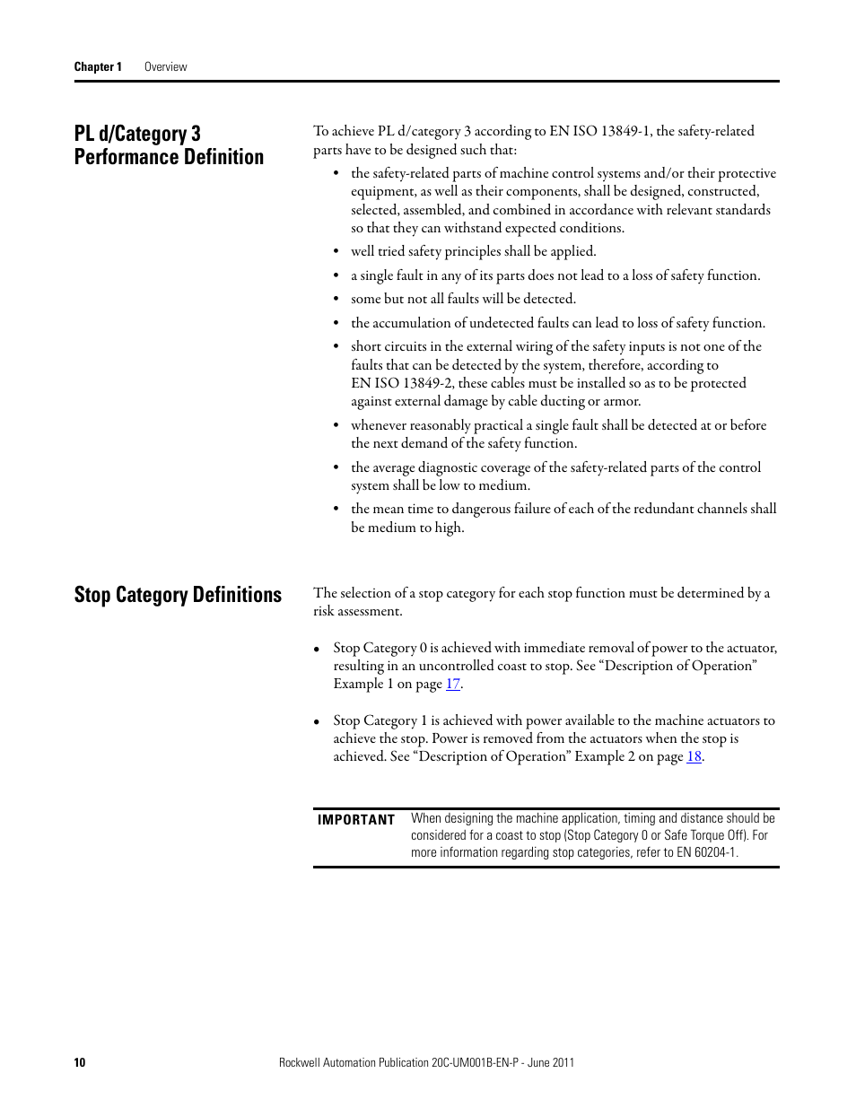 Pl d/category 3 performance definition, Stop category definitions | Rockwell Automation 20C-DG01 PowerFlex 700H AC Drive Safe Torque Off Option User Manual | Page 10 / 28