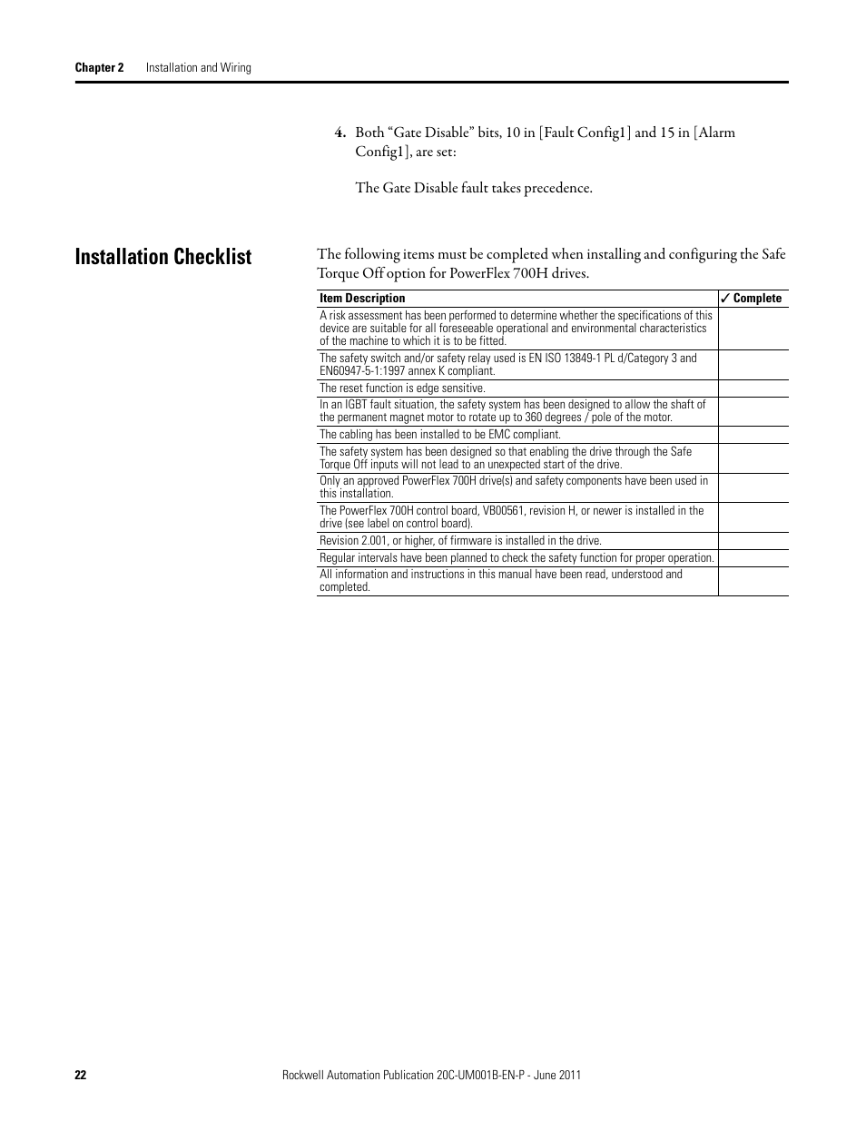 Installation checklist | Rockwell Automation 20C-DG01 PowerFlex 700H AC Drive Safe Torque Off Option User Manual | Page 22 / 28
