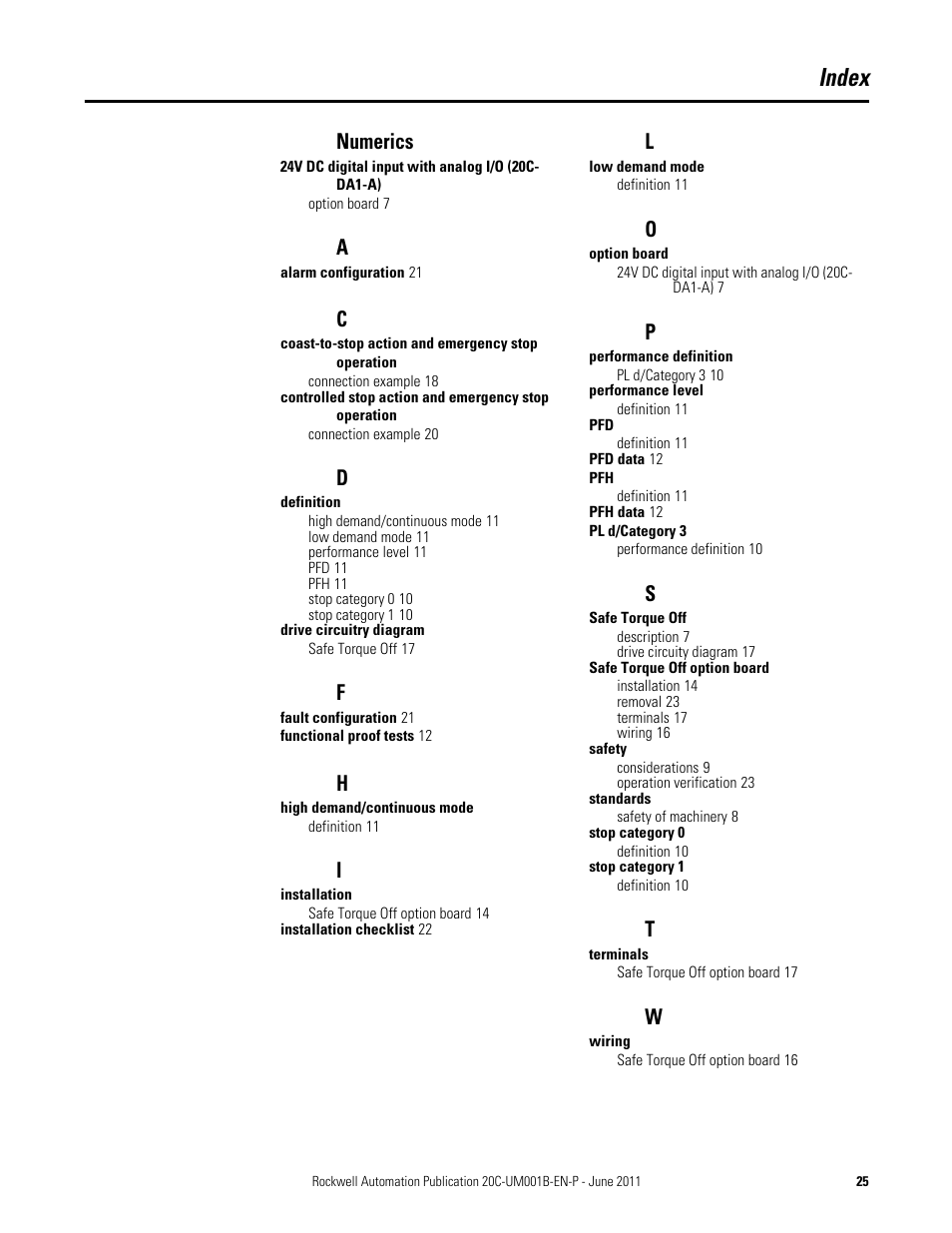 Index, Numerics | Rockwell Automation 20C-DG01 PowerFlex 700H AC Drive Safe Torque Off Option User Manual | Page 25 / 28