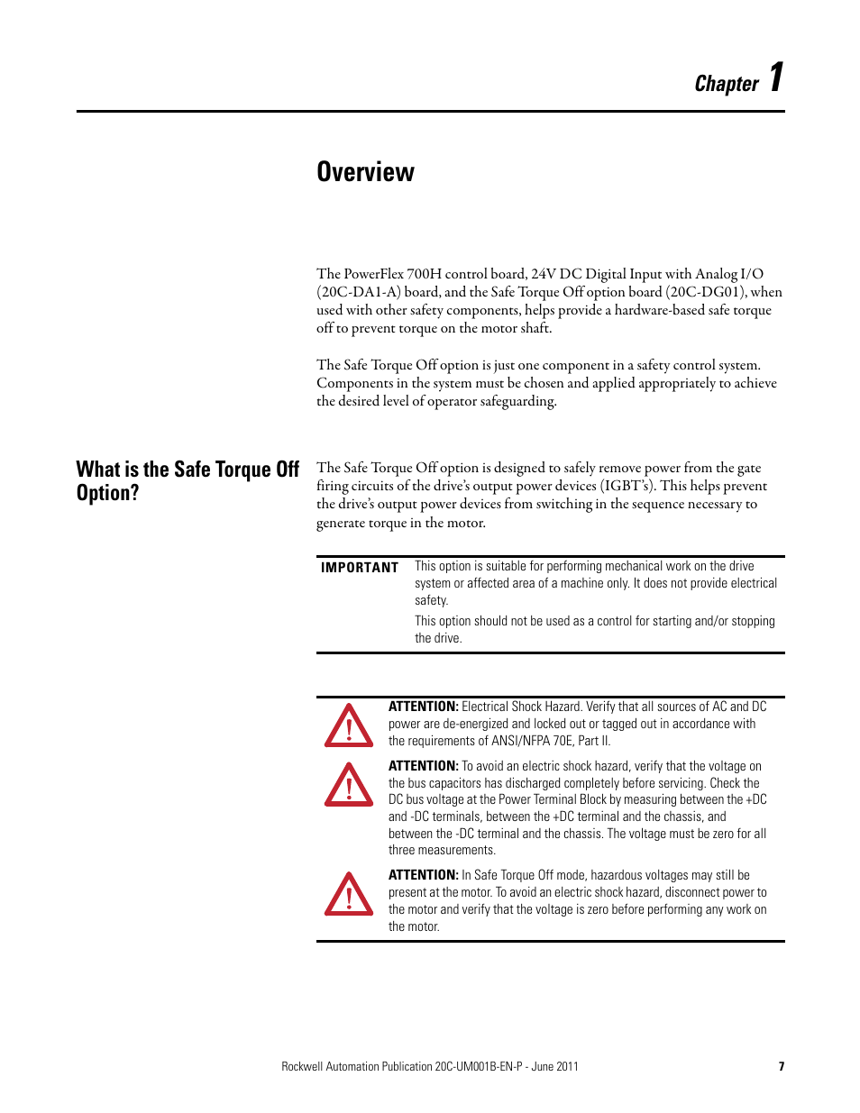 1 - overview, What is the safe torque off option, Chapter 1 | Overview, Chapter | Rockwell Automation 20C-DG01 PowerFlex 700H AC Drive Safe Torque Off Option User Manual | Page 7 / 28