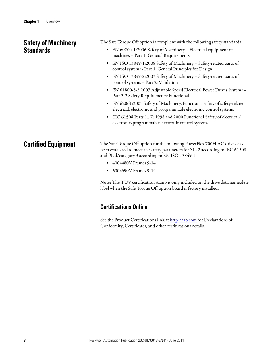 Safety of machinery standards, Certified equipment, Safety of machinery standards certified equipment | Certifications online | Rockwell Automation 20C-DG01 PowerFlex 700H AC Drive Safe Torque Off Option User Manual | Page 8 / 28