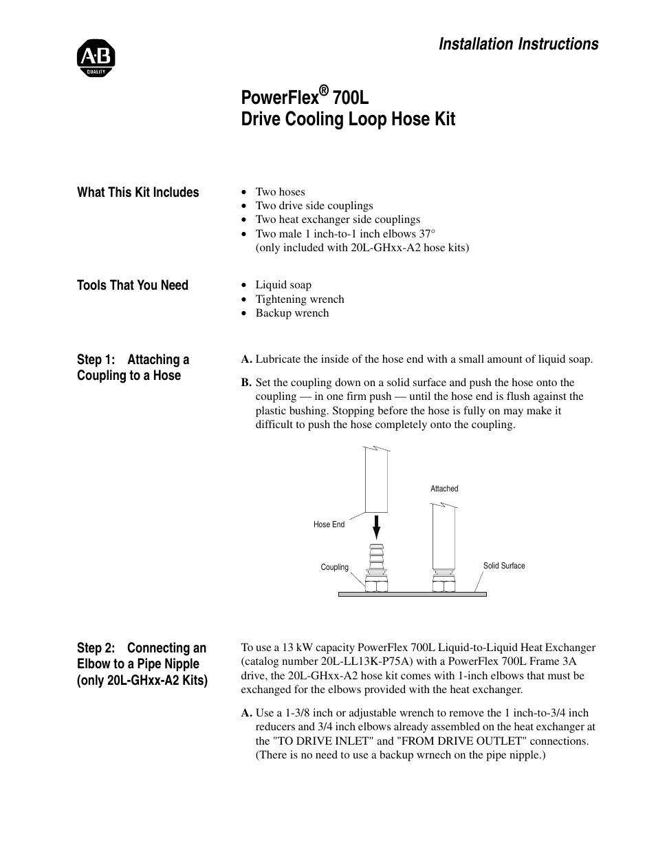 Rockwell Automation 20L PowerFlex 700L Drive Cooling Loop Hose Kit User Manual | 2 pages