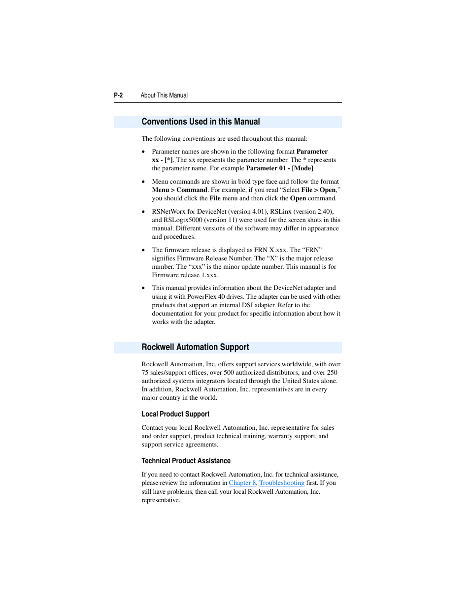 Conventions used in this manual, Rockwell automation support | Rockwell Automation 22-COMM-D DeviceNet Adapter User Manual | Page 10 / 140