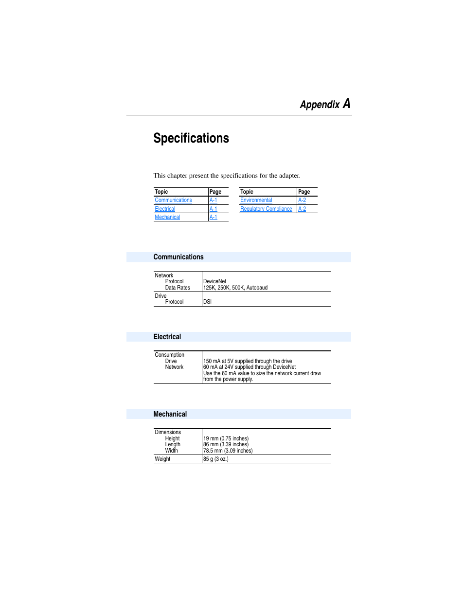 Appendix a, Specifications, Communications | Electrical, Mechanical, Aspecifications, Appendix | Rockwell Automation 22-COMM-D DeviceNet Adapter User Manual | Page 103 / 140