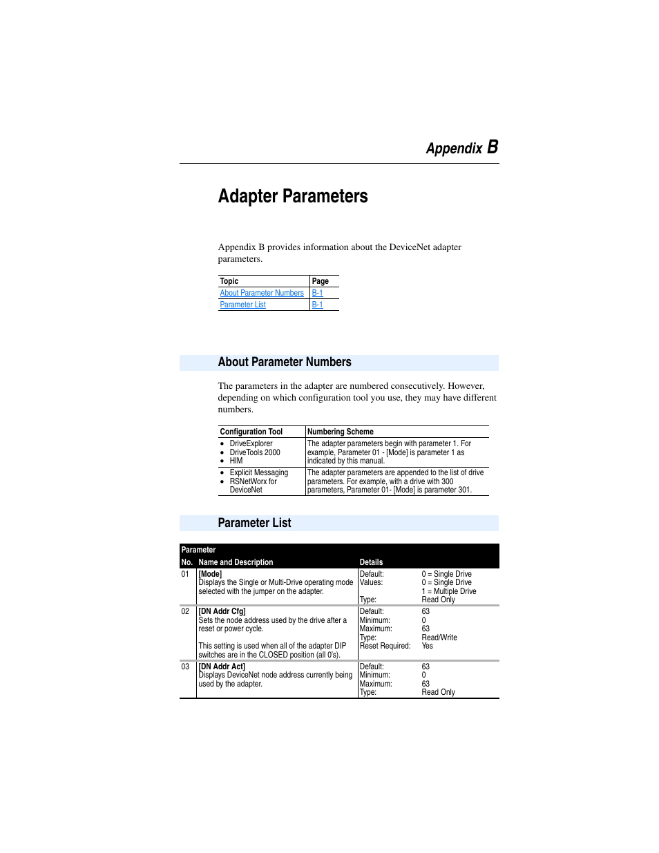 Appendix b, Adapter parameters, About parameter numbers | Parameter list, Badapter parameters, Appendix | Rockwell Automation 22-COMM-D DeviceNet Adapter User Manual | Page 105 / 140