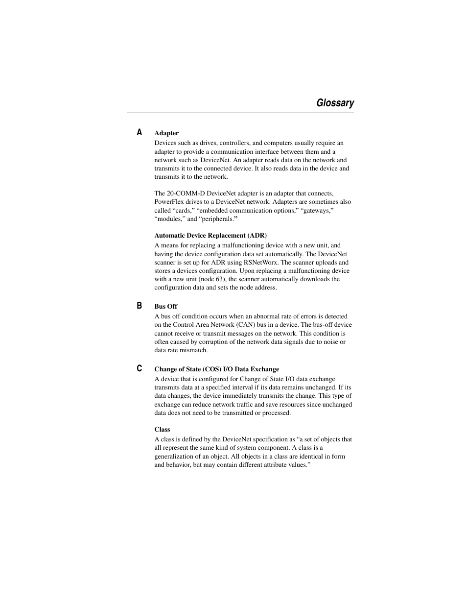 Glossary, Ese options. the | Rockwell Automation 22-COMM-D DeviceNet Adapter User Manual | Page 125 / 140