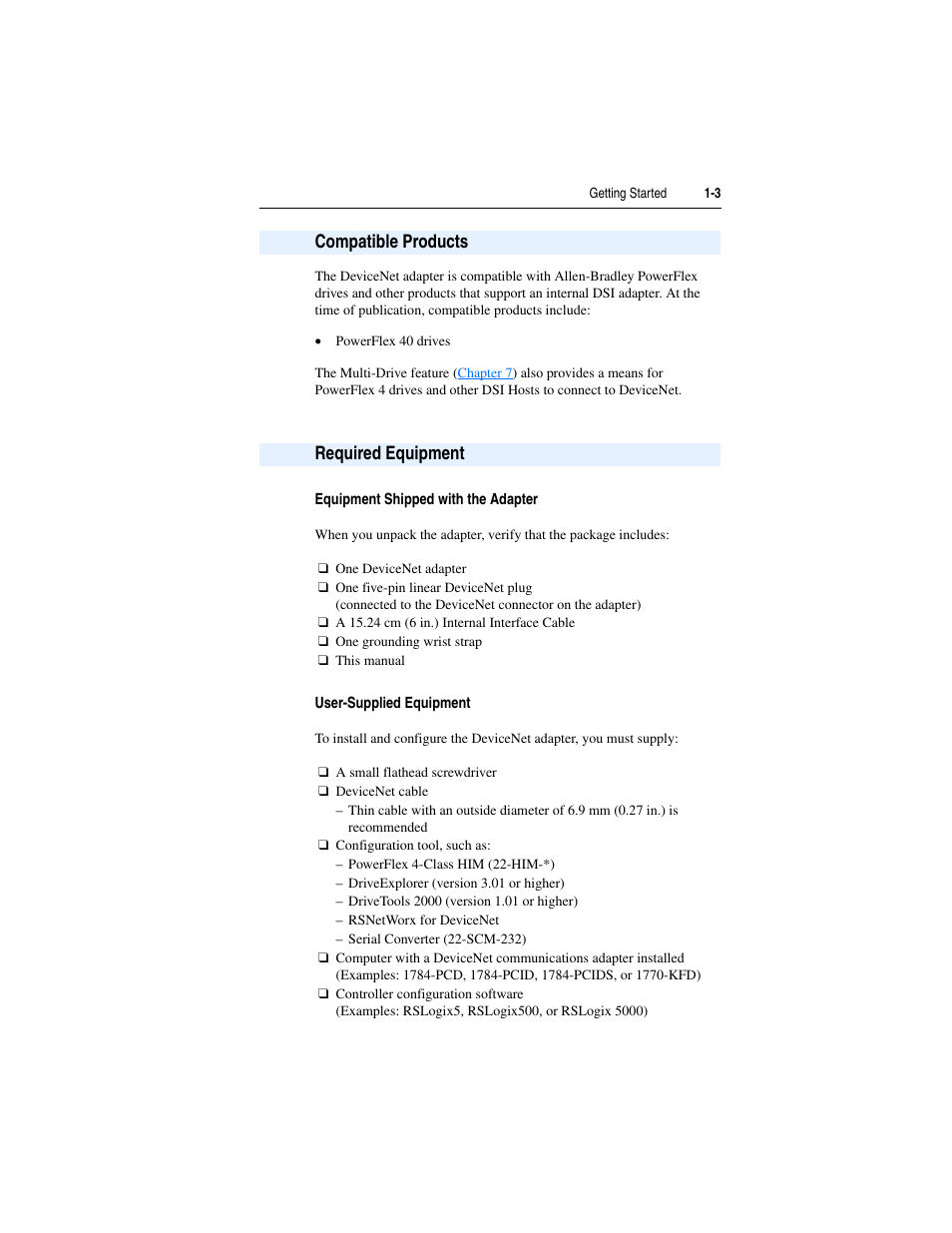 Compatible products, Required equipment, Compatible products -3 required equipment -3 | Compatible products required equipment | Rockwell Automation 22-COMM-D DeviceNet Adapter User Manual | Page 13 / 140