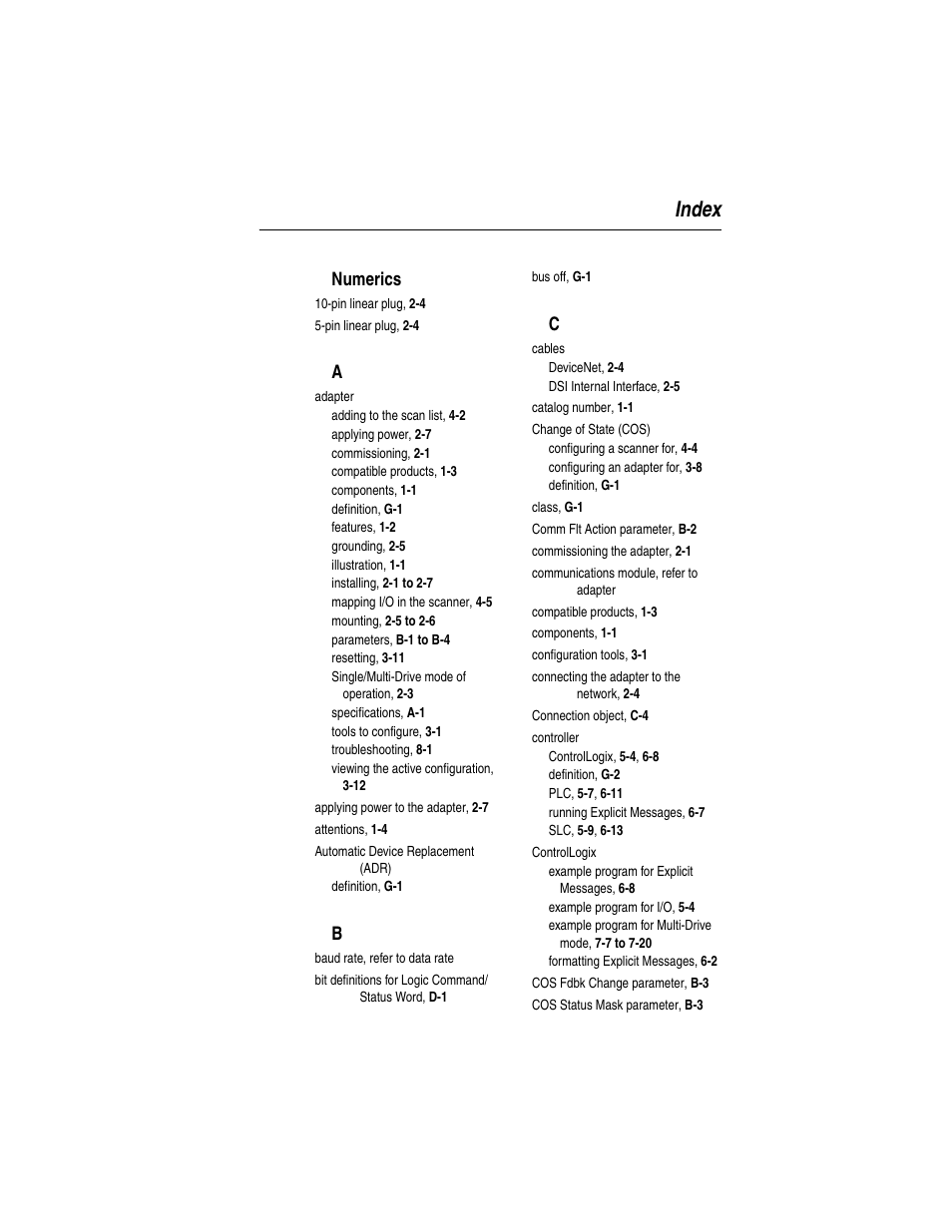 Index, Numerics | Rockwell Automation 22-COMM-D DeviceNet Adapter User Manual | Page 133 / 140