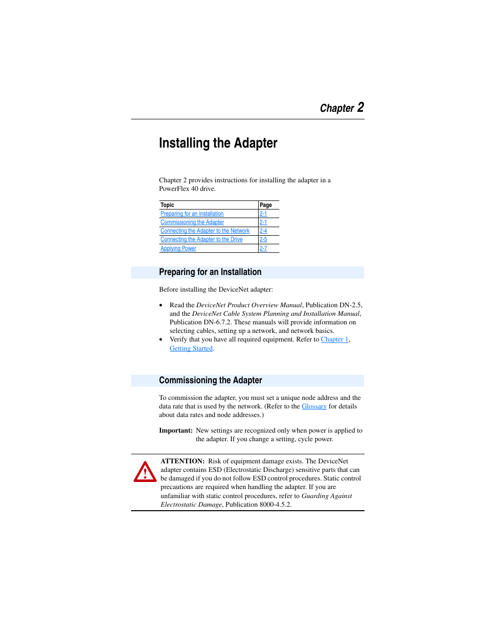 Chapter 2, Installing the adapter, Preparing for an installation | Commissioning the adapter, R to, 2installing the adapter, Chapter | Rockwell Automation 22-COMM-D DeviceNet Adapter User Manual | Page 17 / 140