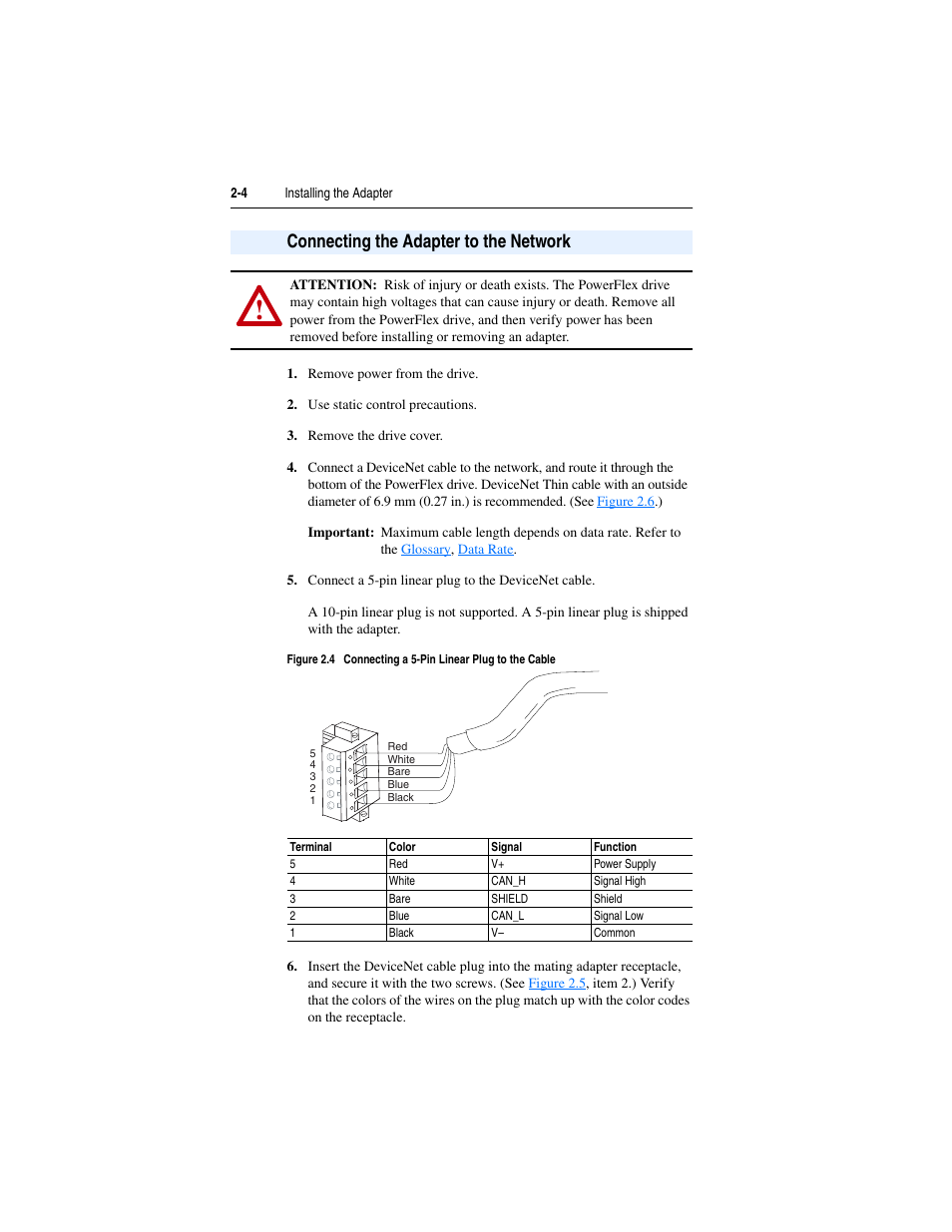 Connecting the adapter to the network, Connecting the adapter to the network -4 | Rockwell Automation 22-COMM-D DeviceNet Adapter User Manual | Page 20 / 140