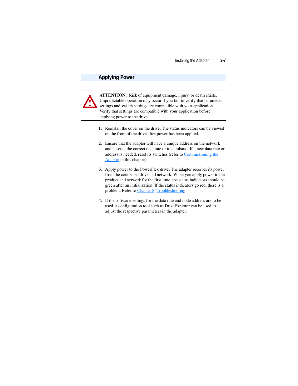 Applying power, Applying power -7 | Rockwell Automation 22-COMM-D DeviceNet Adapter User Manual | Page 23 / 140