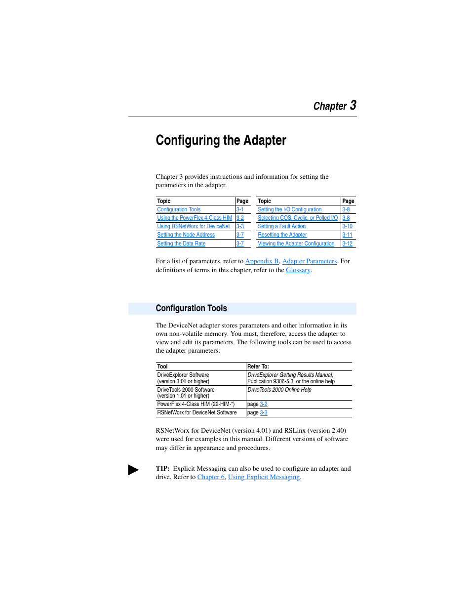 Chapter 3, Configuring the adapter, Configuration tools | Configuration tools -1, 3configuring the adapter, Chapter | Rockwell Automation 22-COMM-D DeviceNet Adapter User Manual | Page 25 / 140