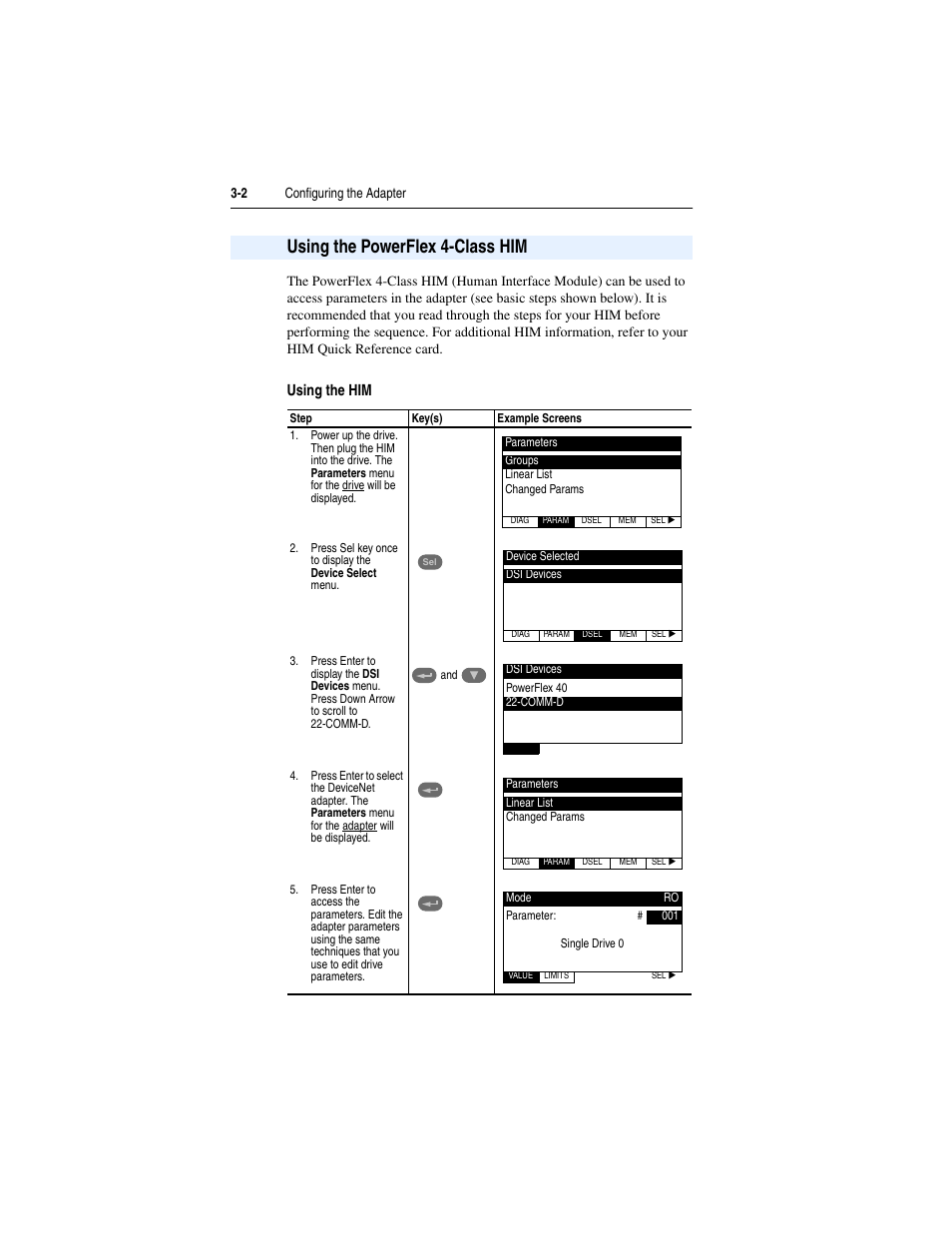 Using the powerflex 4-class him, Using the powerflex 4-class him -2, Using the him | Rockwell Automation 22-COMM-D DeviceNet Adapter User Manual | Page 26 / 140