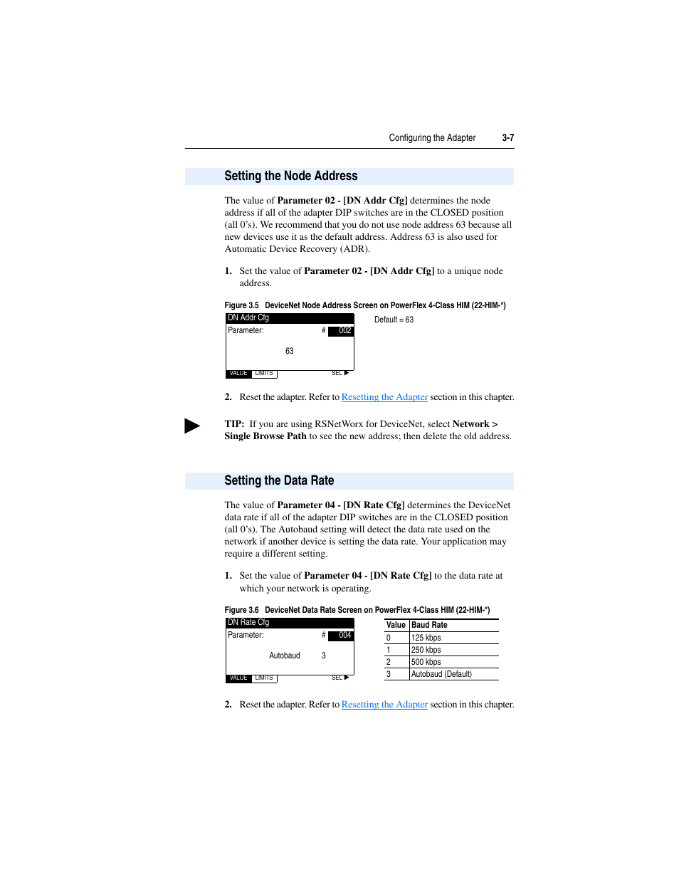 Setting the node address, Setting the data rate | Rockwell Automation 22-COMM-D DeviceNet Adapter User Manual | Page 31 / 140