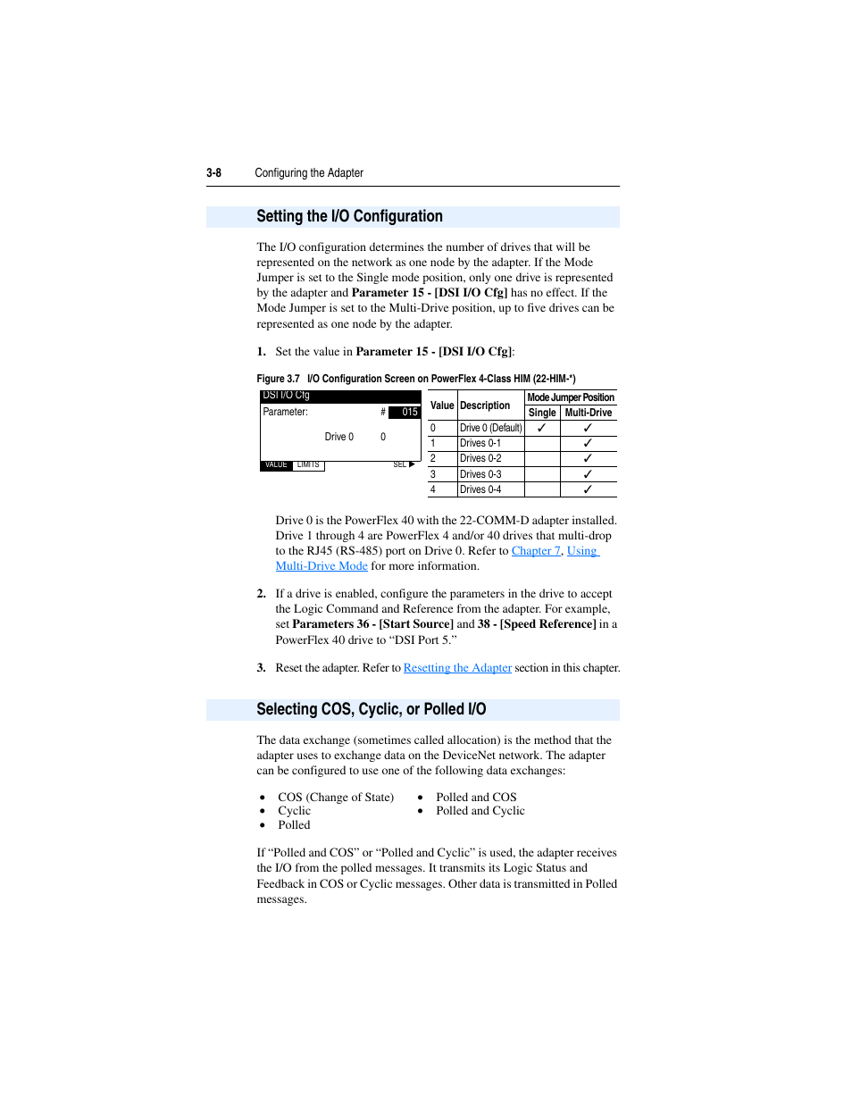 Setting the i/o configuration, Selecting cos, cyclic, or polled i/o, Selecting cos, cyclic, or polled i/o 3-8 | Rockwell Automation 22-COMM-D DeviceNet Adapter User Manual | Page 32 / 140