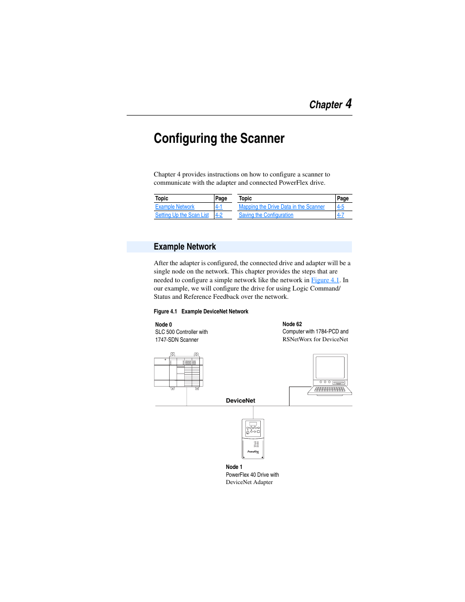 Chapter 4, Configuring the scanner, Example network | Example network -1, G cos, Configuring, The scanner, 4configuring the scanner, Chapter | Rockwell Automation 22-COMM-D DeviceNet Adapter User Manual | Page 37 / 140