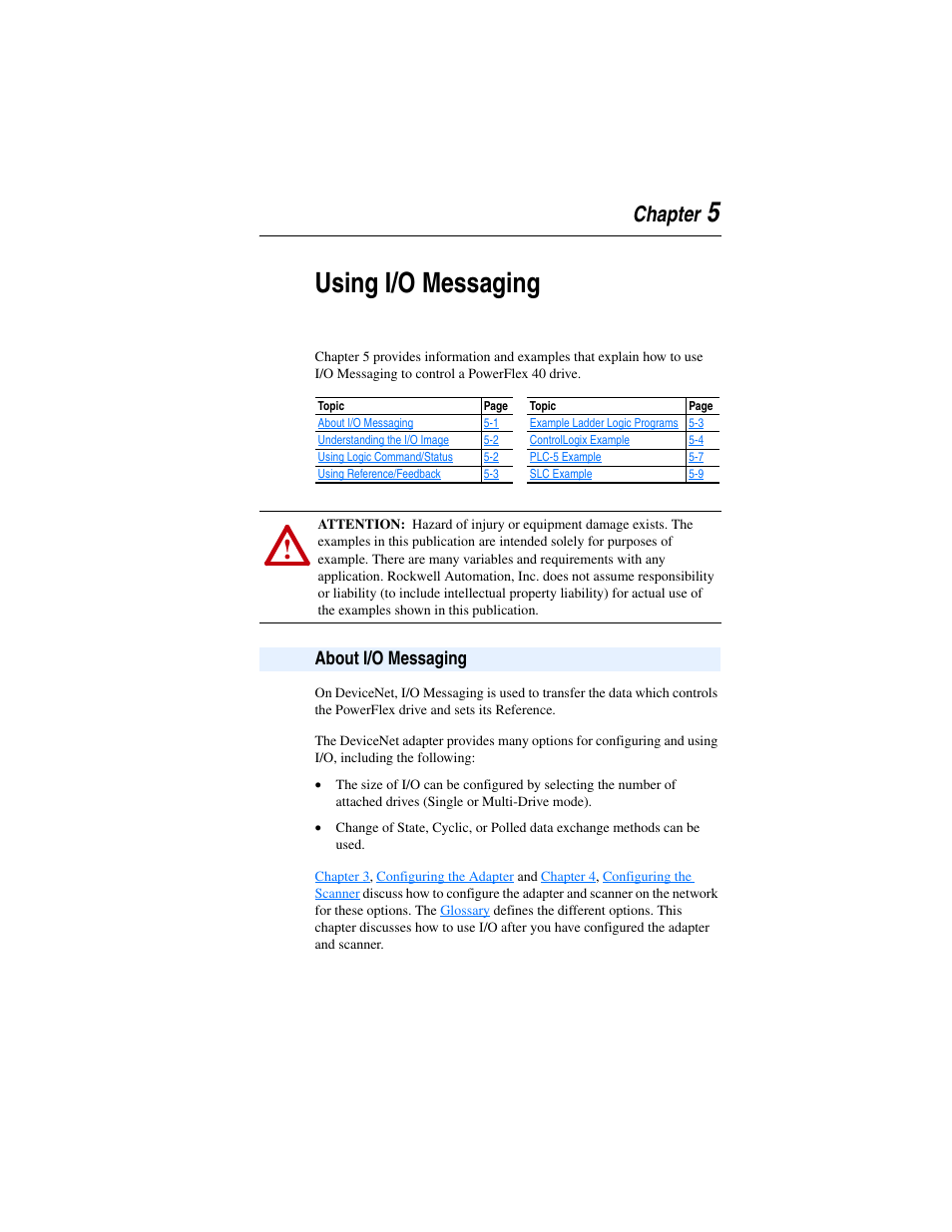 Chapter 5, Using i/o messaging, About i/o messaging | About i/o messaging -1, 5using i/o messaging, Chapter | Rockwell Automation 22-COMM-D DeviceNet Adapter User Manual | Page 45 / 140