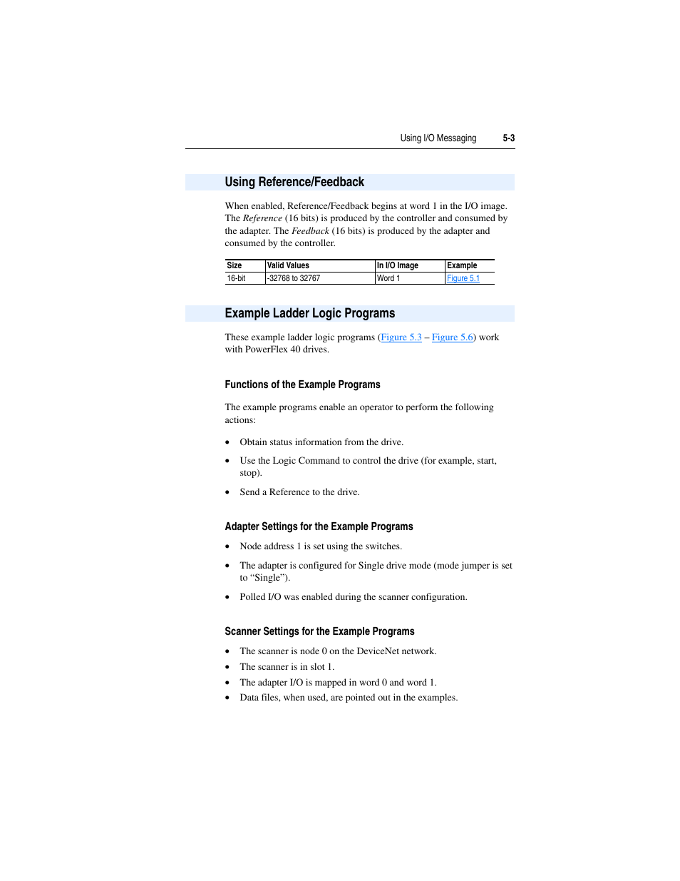 Using reference/feedback, Example ladder logic programs, Example ladder logic programs 5-3 | Rockwell Automation 22-COMM-D DeviceNet Adapter User Manual | Page 47 / 140