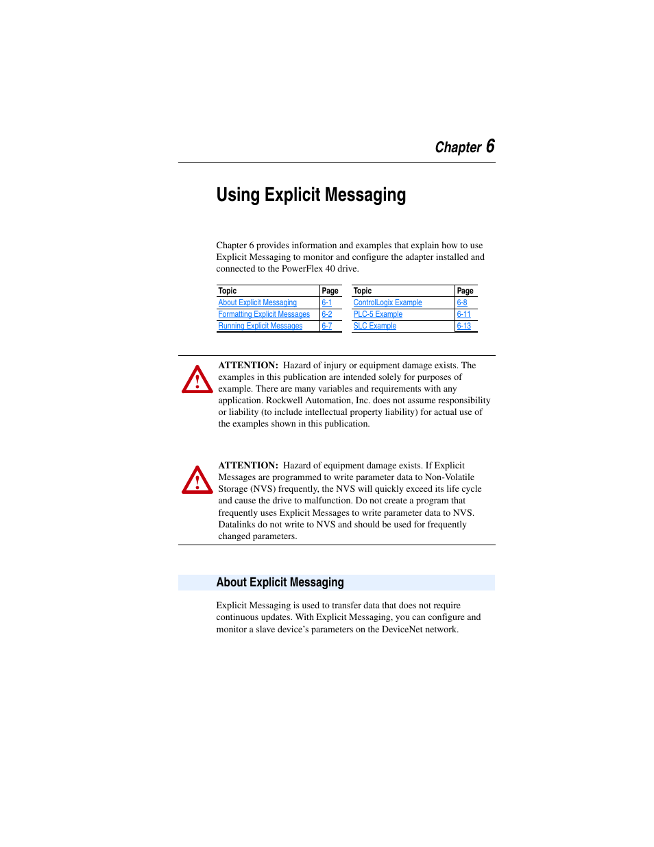 Chapter 6, Using explicit messaging, About explicit messaging | About explicit messaging -1, 6using explicit messaging, Chapter | Rockwell Automation 22-COMM-D DeviceNet Adapter User Manual | Page 57 / 140