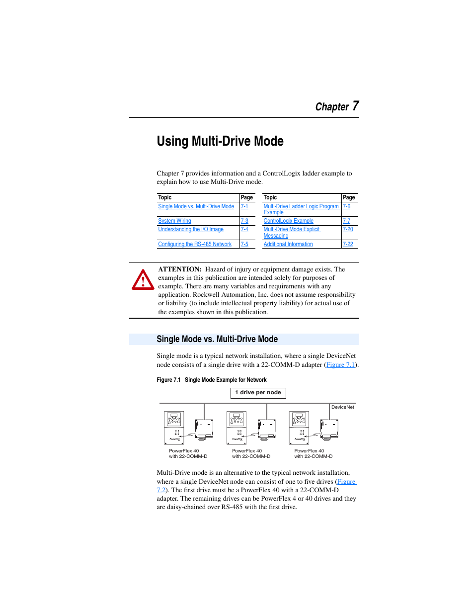 Chapter 7, Using multi-drive mode, Single mode vs. multi-drive mode | Single mode vs. multi-drive mode -1, Feature, Using, Multi-drive mode, For more, 7using multi-drive mode, Chapter | Rockwell Automation 22-COMM-D DeviceNet Adapter User Manual | Page 73 / 140