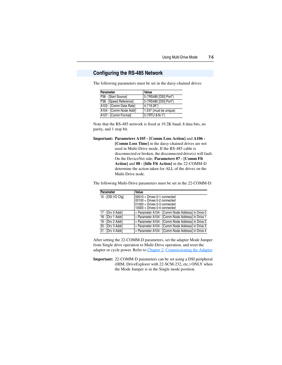 Configuring the rs-485 network, Configuring the rs-485 network -5 | Rockwell Automation 22-COMM-D DeviceNet Adapter User Manual | Page 77 / 140