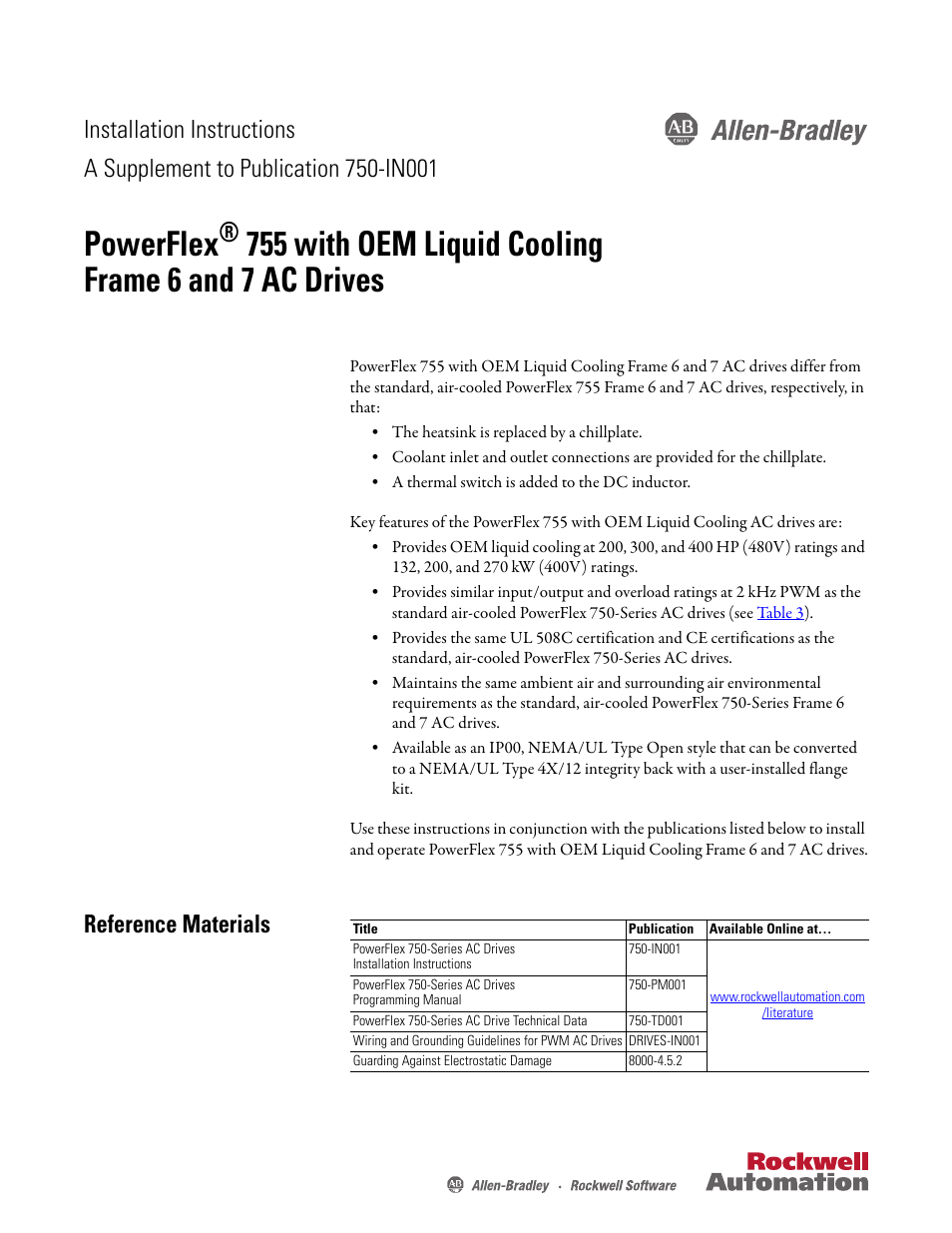 Rockwell Automation 20GY PowerFlex 755 with OEM Liquid Cooling Frame 6 and 7 AC Drives User Manual | 12 pages
