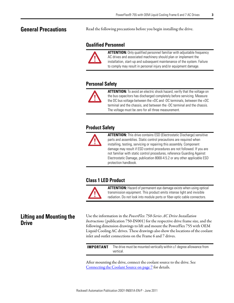 General precautions, Qualified personnel, Personal safety | Product safety, Class 1 led product, Lifting and mounting the drive | Rockwell Automation 20GY PowerFlex 755 with OEM Liquid Cooling Frame 6 and 7 AC Drives User Manual | Page 3 / 12