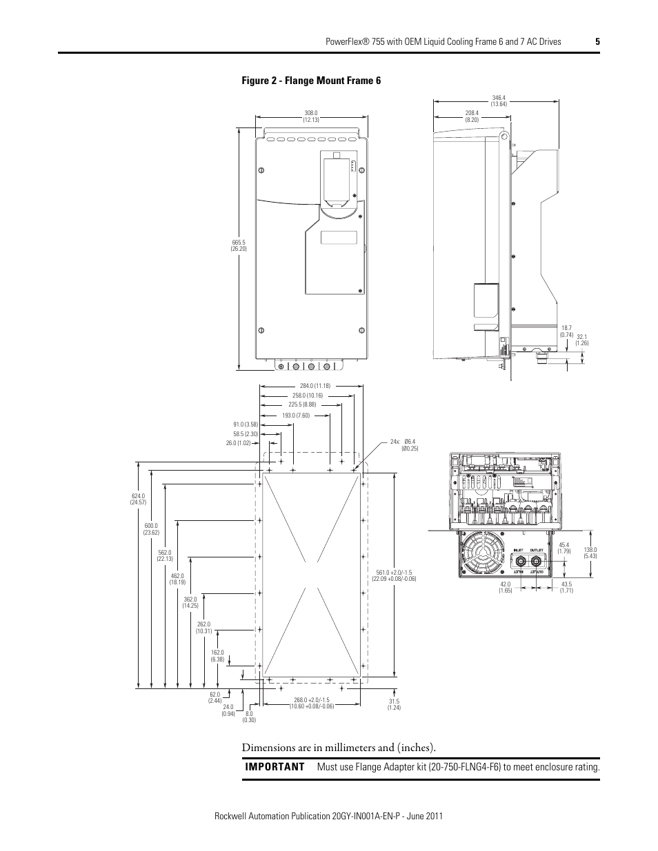 Dimensions are in millimeters and (inches) | Rockwell Automation 20GY PowerFlex 755 with OEM Liquid Cooling Frame 6 and 7 AC Drives User Manual | Page 5 / 12