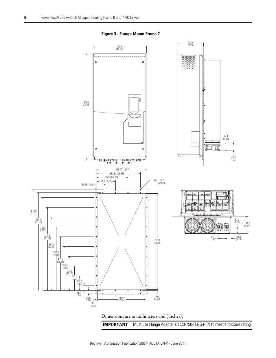 Dimensions are in millimeters and (inches) | Rockwell Automation 20GY PowerFlex 755 with OEM Liquid Cooling Frame 6 and 7 AC Drives User Manual | Page 6 / 12