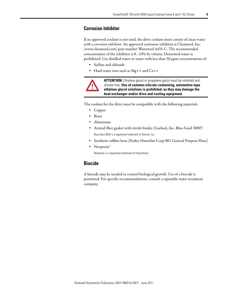 Corrosion inhibitor, Biocide | Rockwell Automation 20GY PowerFlex 755 with OEM Liquid Cooling Frame 6 and 7 AC Drives User Manual | Page 9 / 12