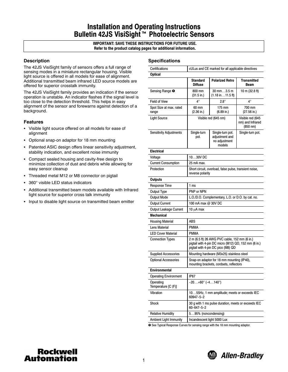 Rockwell Automation 42JS VisiSight Photoelectric Sensors User Manual | 4 pages