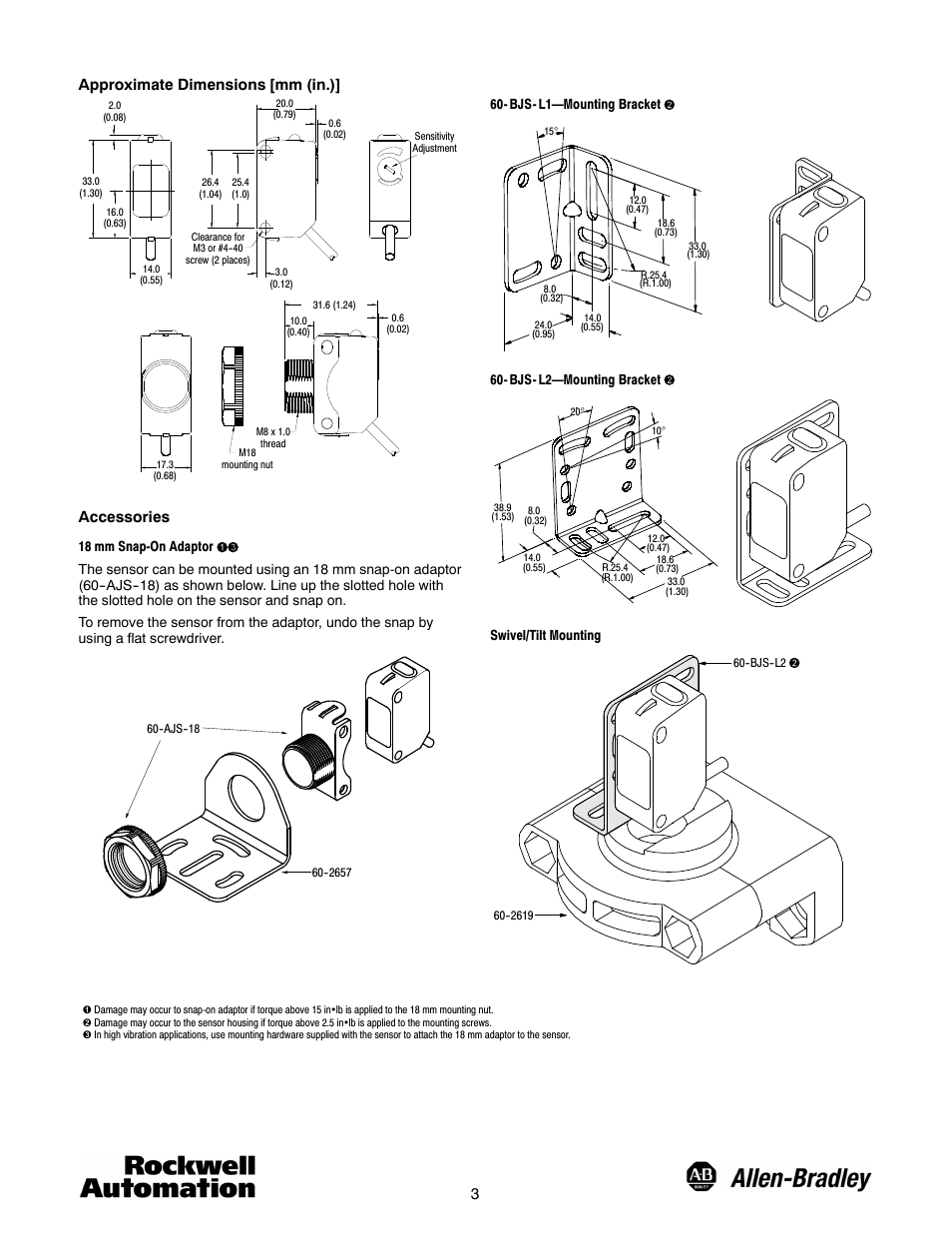 3approximate dimensions [mm (in.), Accessories | Rockwell Automation 42JS VisiSight Photoelectric Sensors User Manual | Page 3 / 4