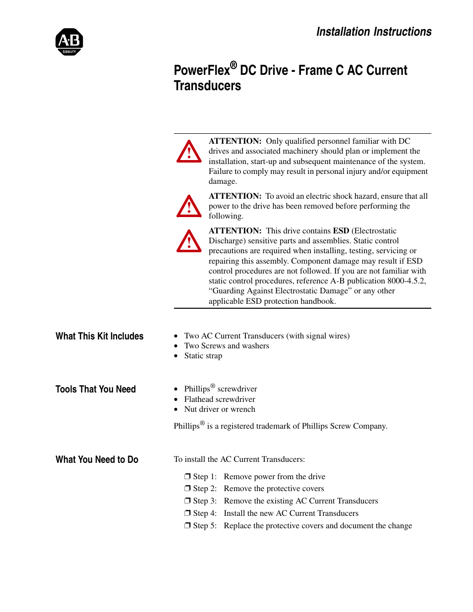 Rockwell Automation 20P PowerFlex DC Drive - Frame C AC Current Transducers User Manual | 12 pages