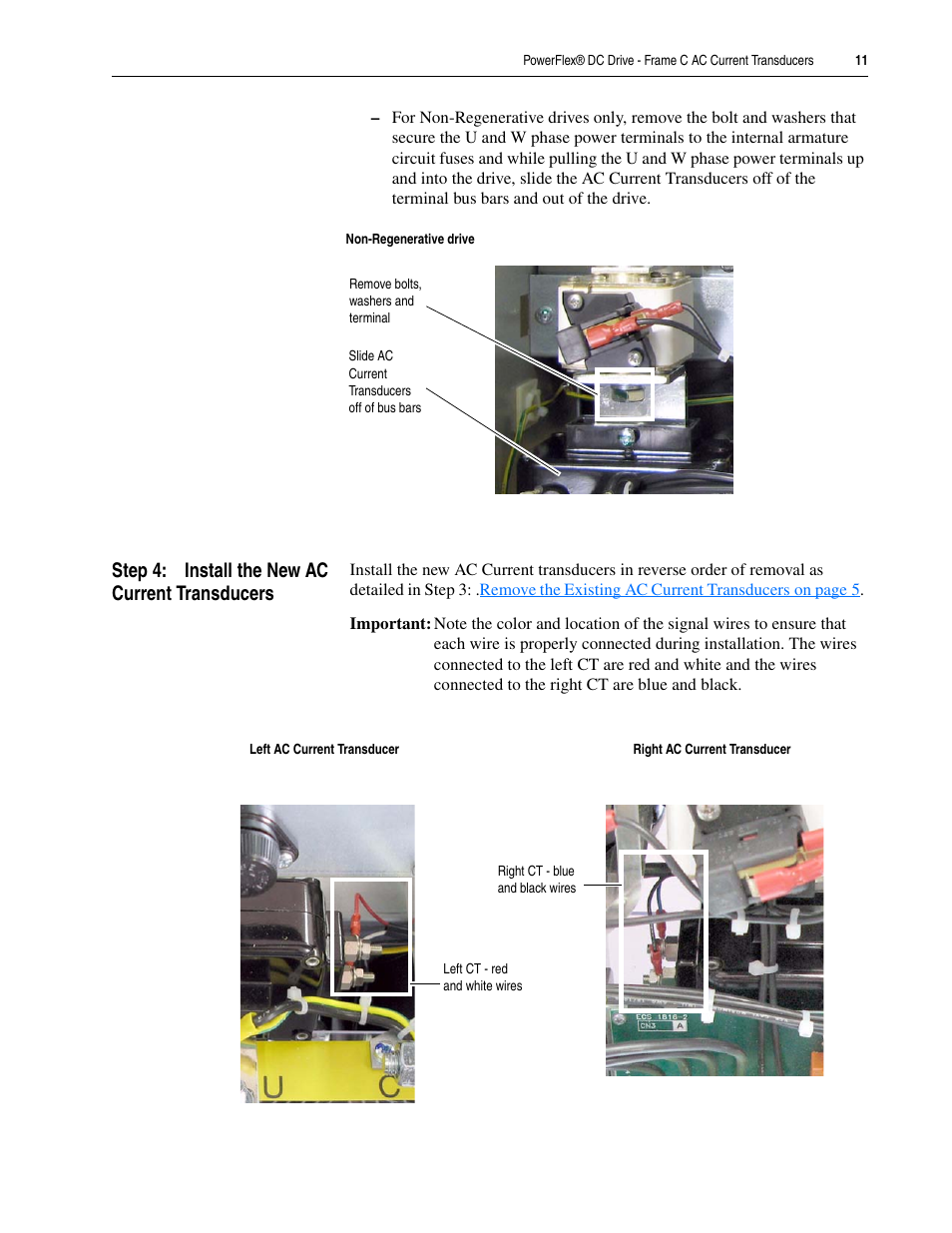 Step 4: install the new ac current transducers | Rockwell Automation 20P PowerFlex DC Drive - Frame C AC Current Transducers User Manual | Page 11 / 12