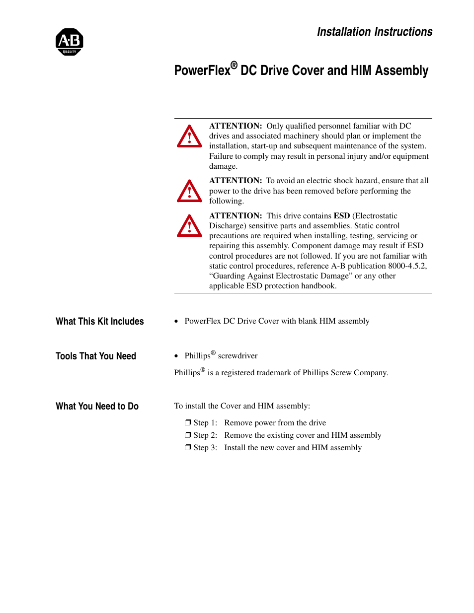 Rockwell Automation 20P PowerFlex DC Drive Cover and HIM Assembly Installation Instructions User Manual | 6 pages